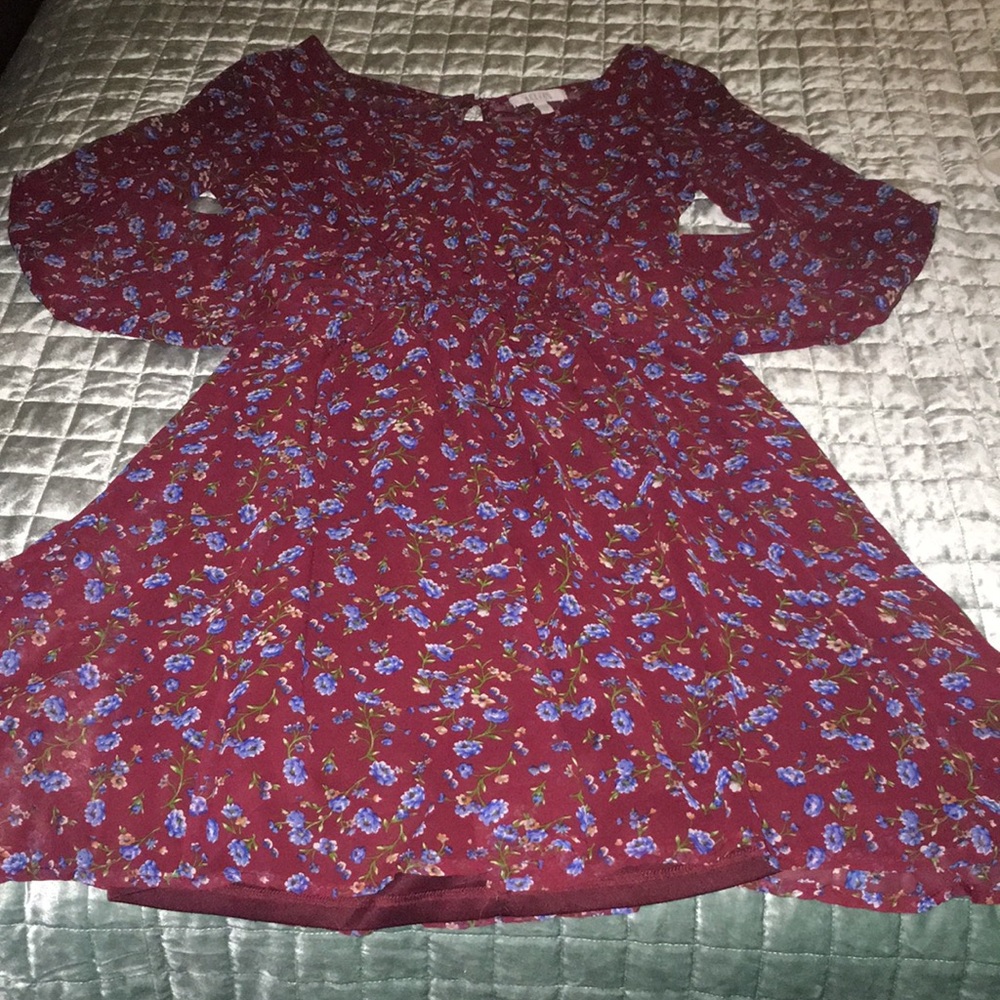 Burgundy dress with blue and pink pattern